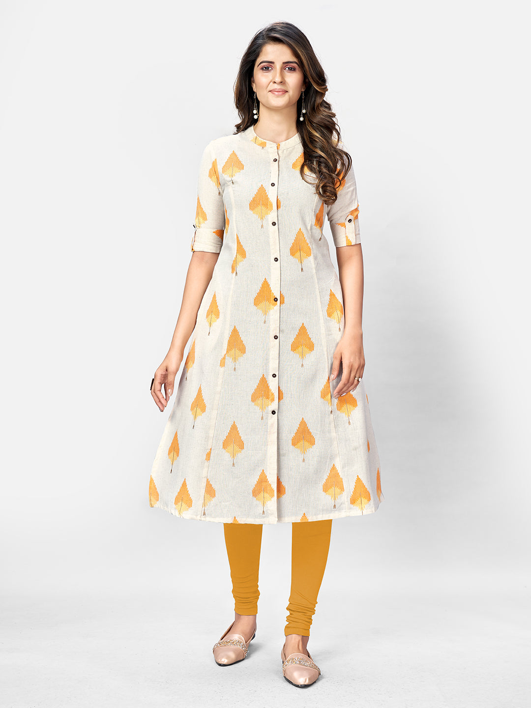 Beige Printed A-Line Cotton Kurta