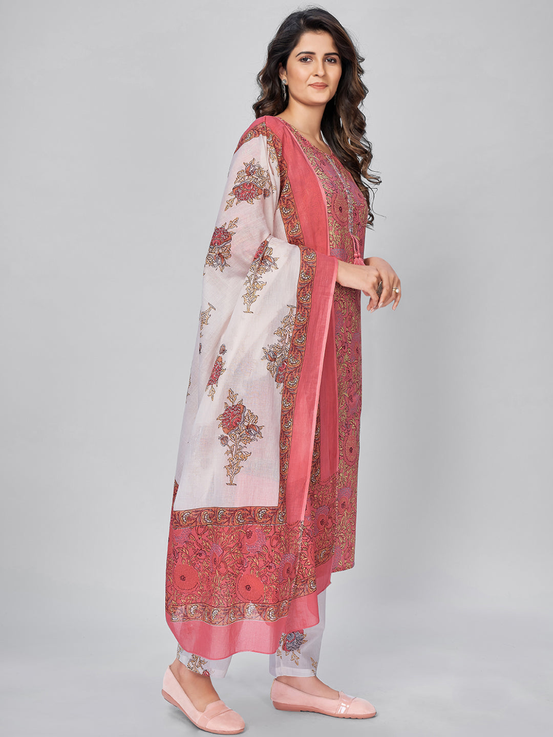 Pink Embroidered Straight Cotton Kurta Set
