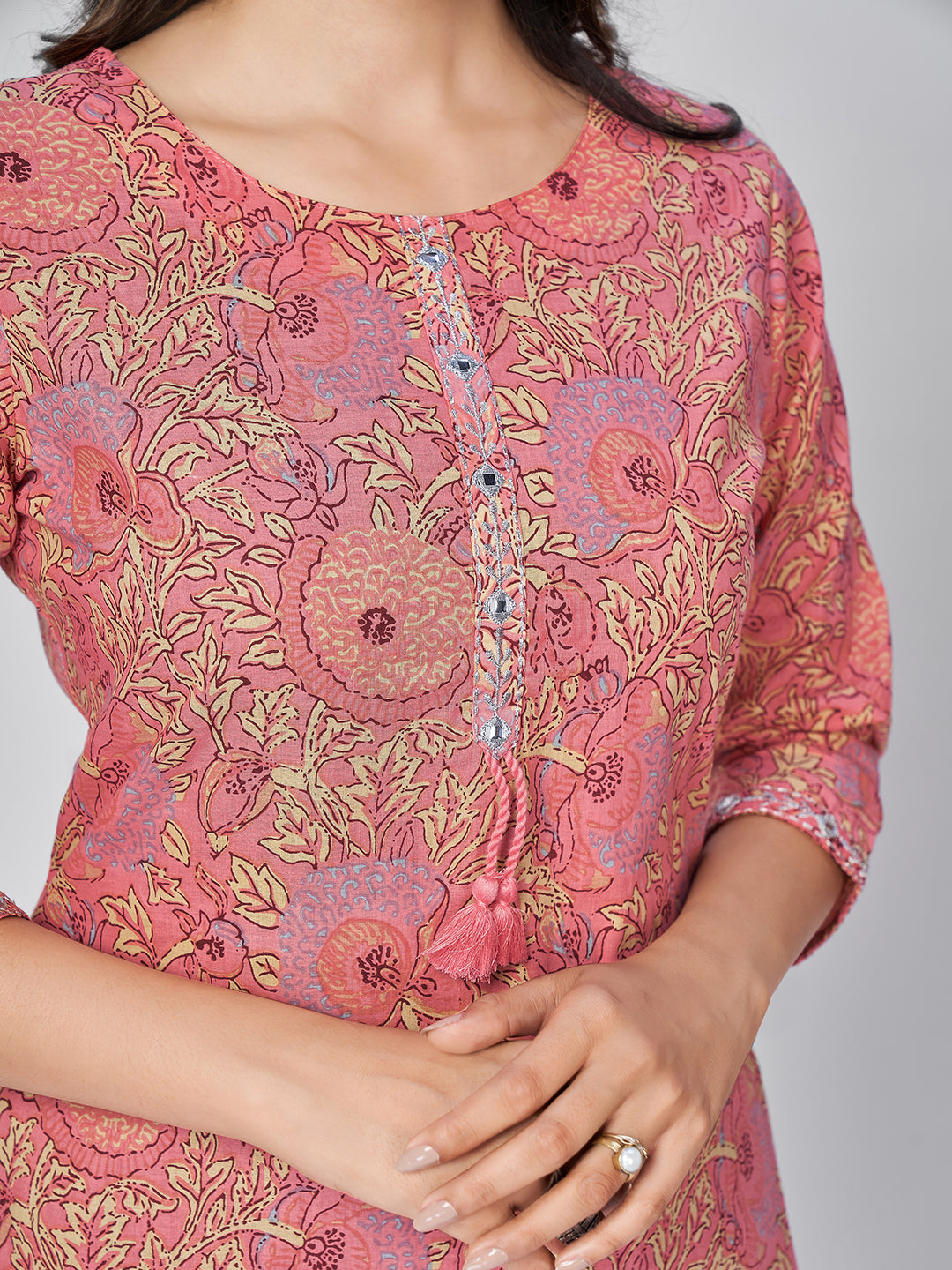 Pink Embroidered Straight Cotton Kurta Set