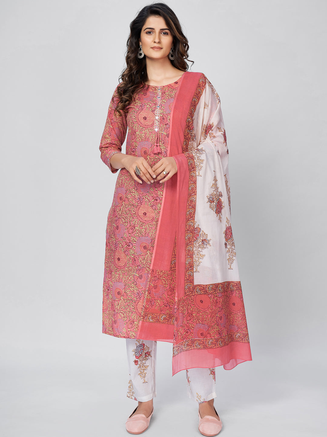 Pink Embroidered Straight Cotton Kurta Set