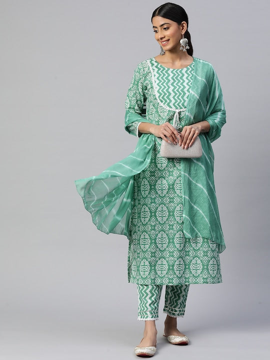 Sea Green Straight Cotton Kurta Set
