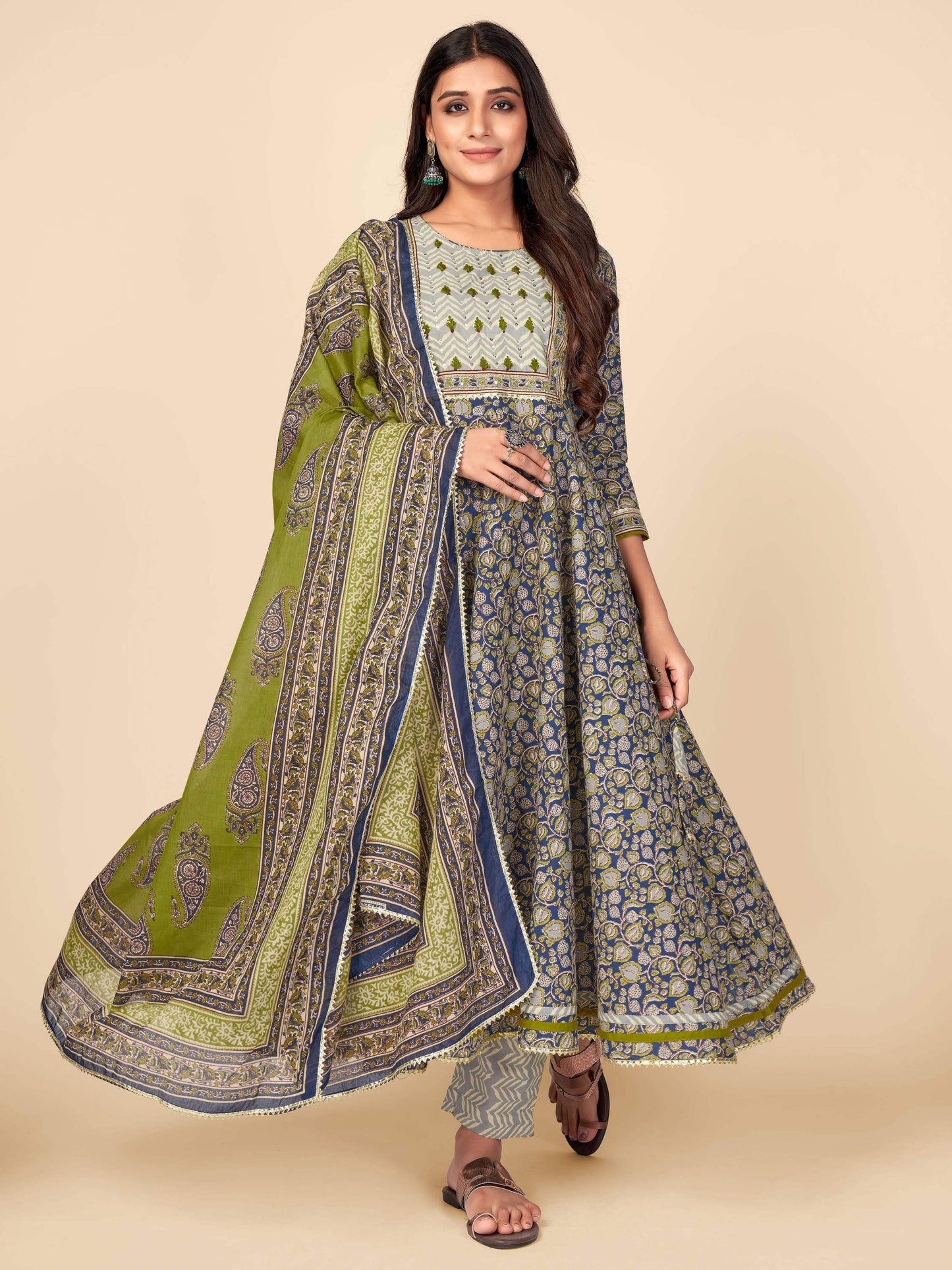 Blue Sequience Anarkali Cotton Kurta Set