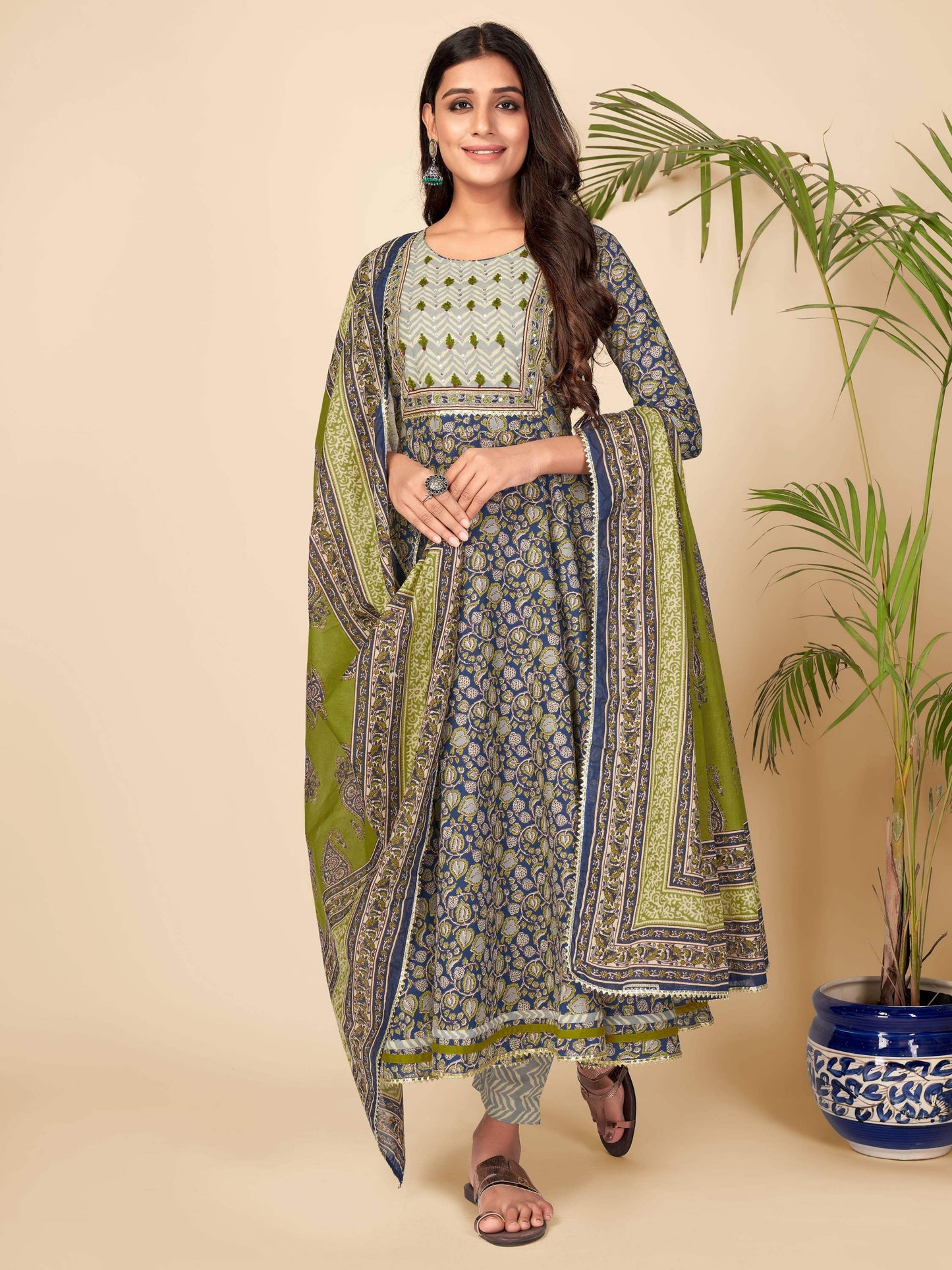Blue Sequience Anarkali Cotton Kurta Set