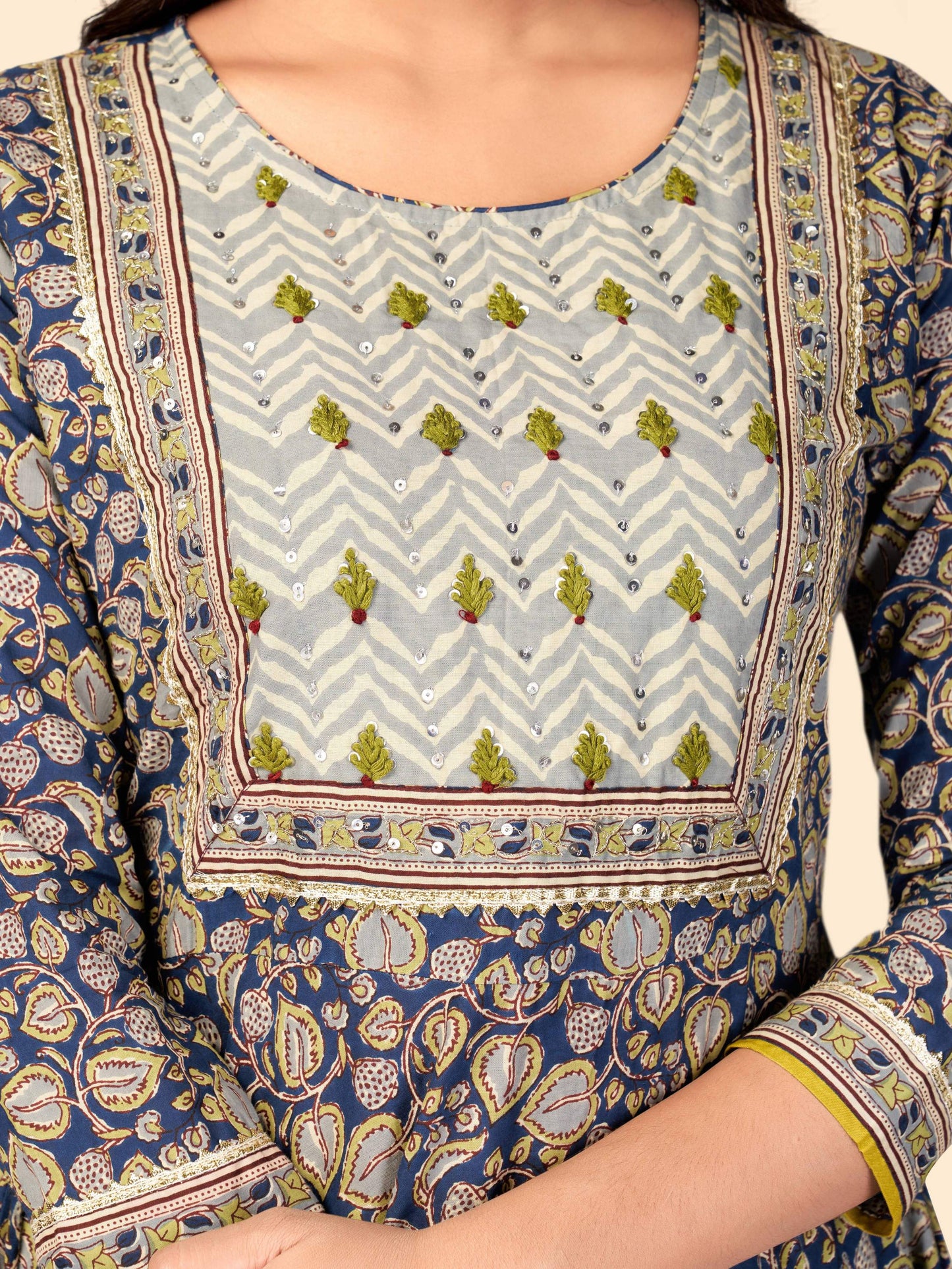 Blue Sequience Anarkali Cotton Kurta Set