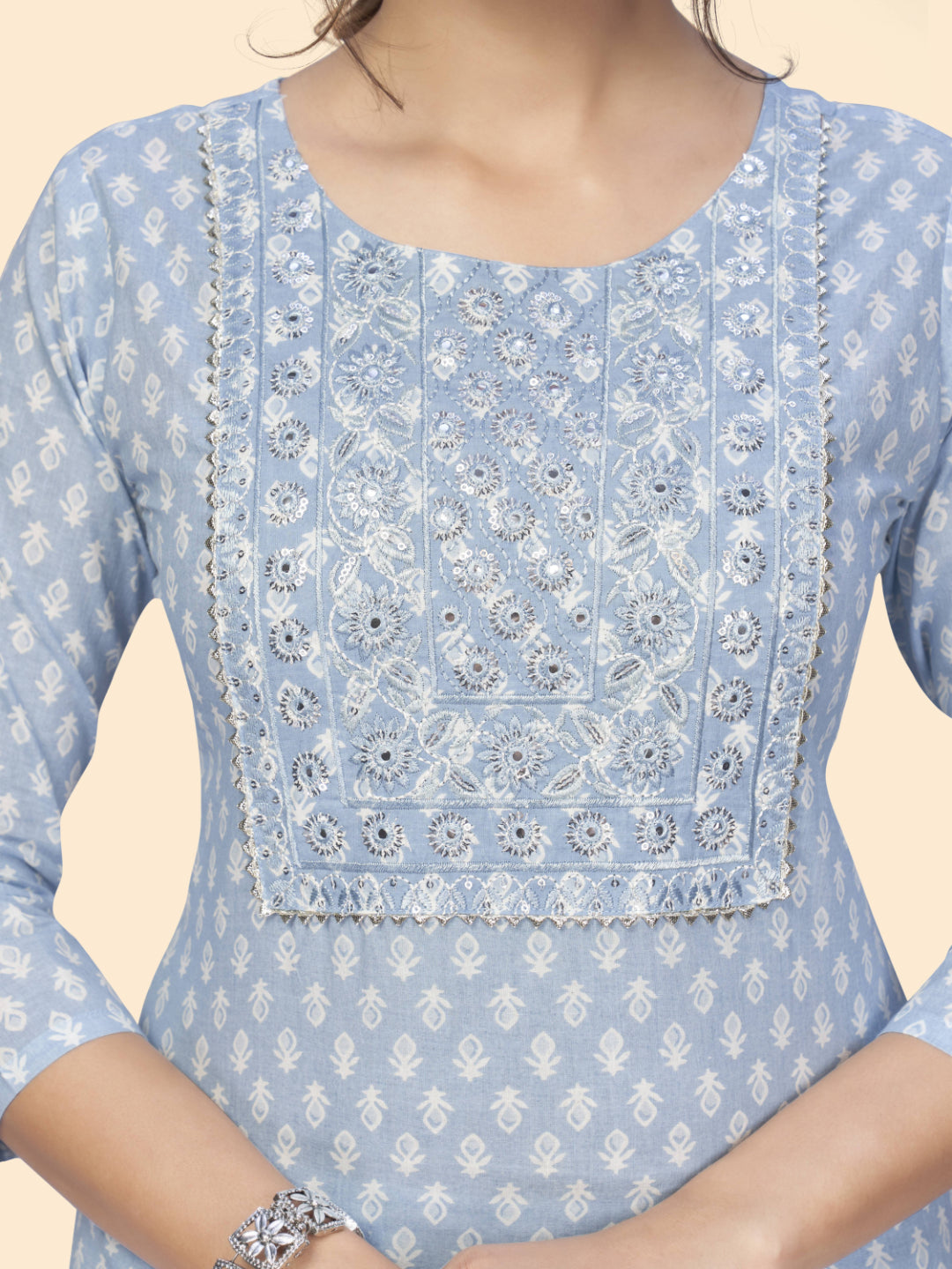 Sky Blue Embroidered Straight Cotton Kurta Set