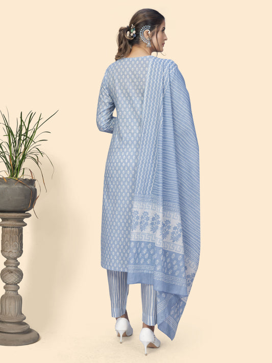 Sky Blue Embroidered Straight Cotton Kurta Set
