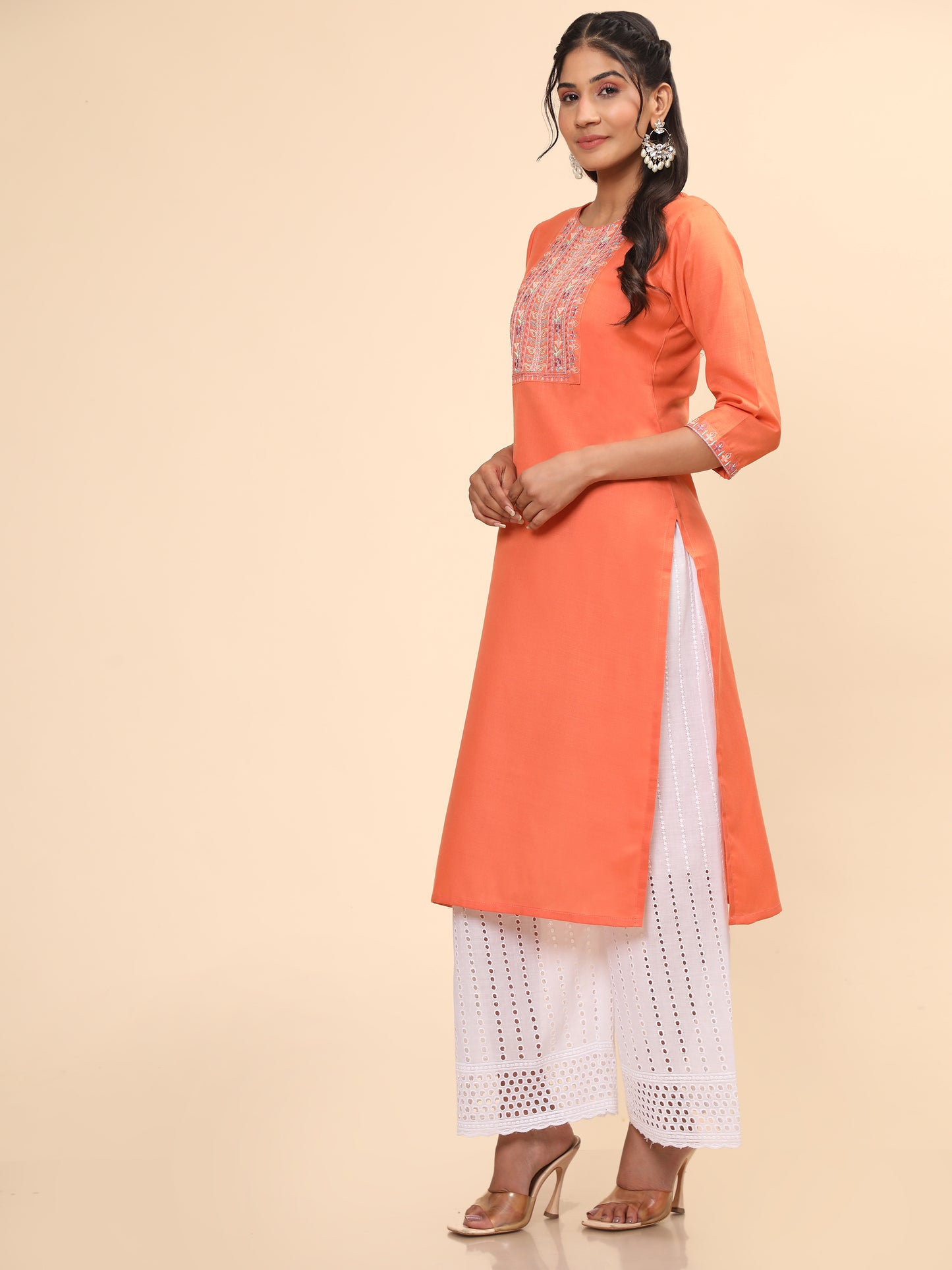 Orange Embroidered Straight Cotton Blend Kurta