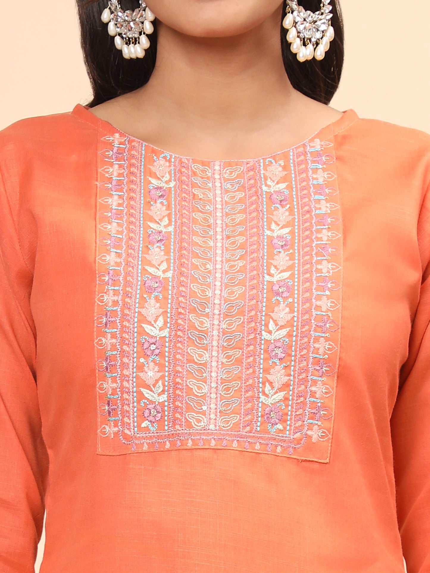 Orange Embroidered Straight Cotton Blend Kurta