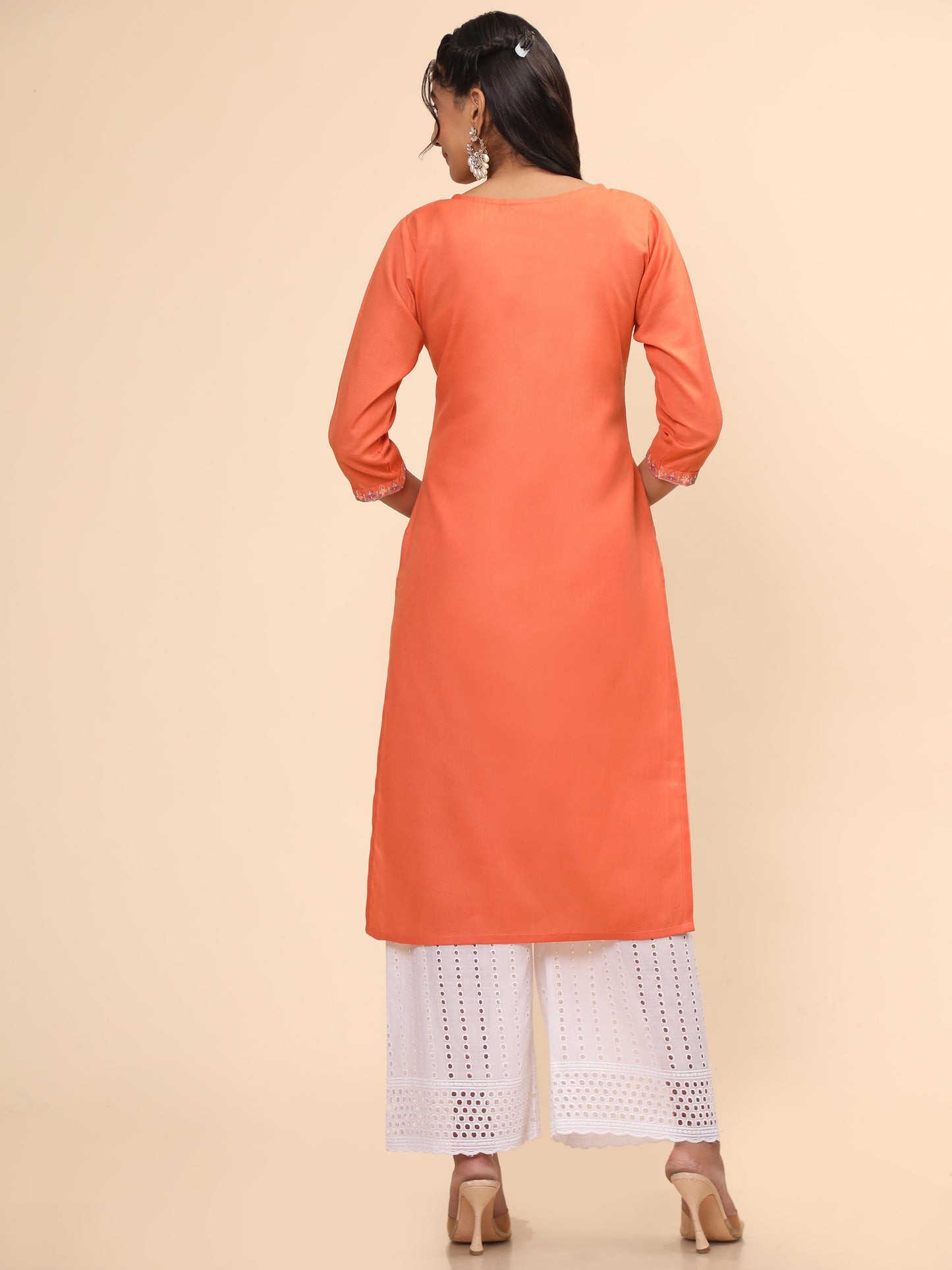 Orange Embroidered Straight Cotton Blend Kurta