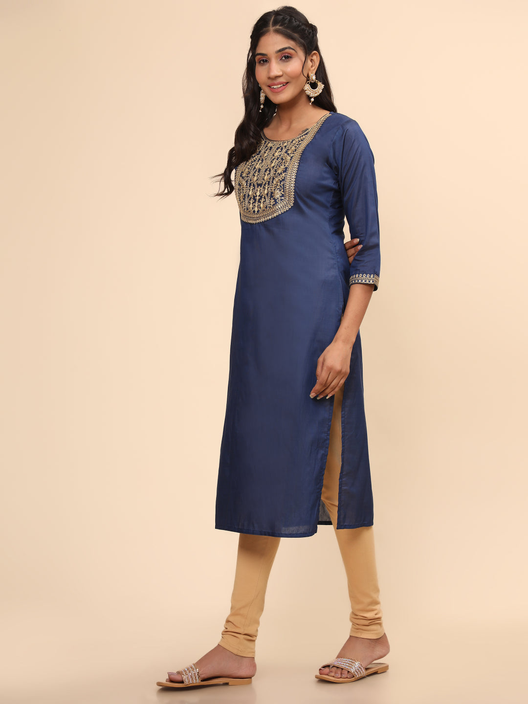 Blue Embroidered Straight Chanderi Kurta