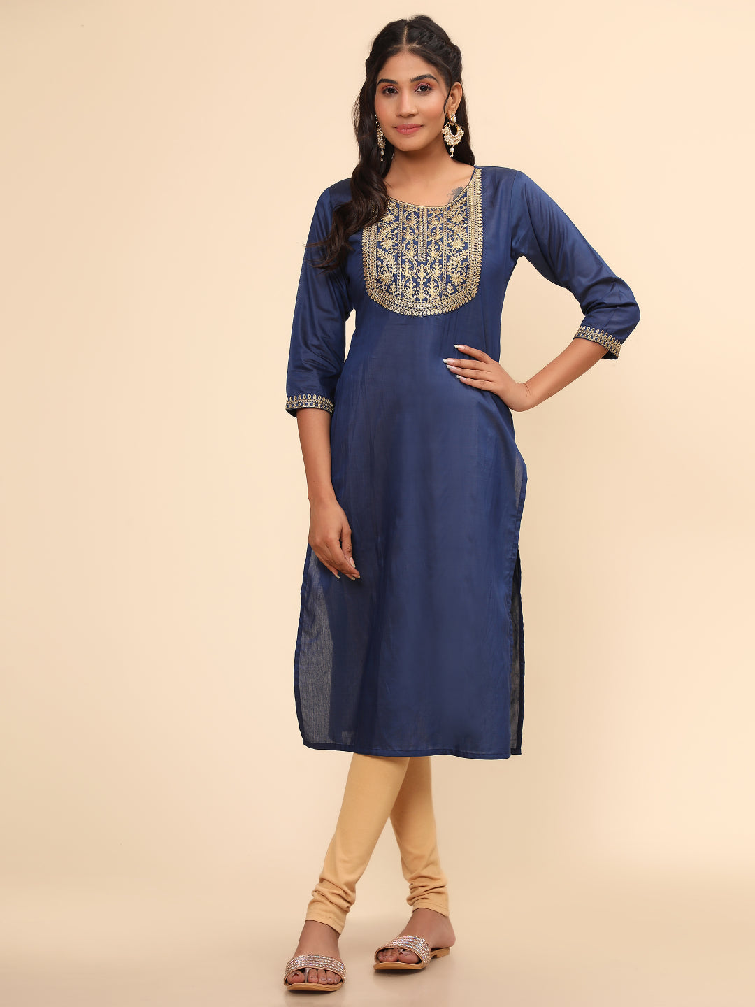 Blue Embroidered Straight Chanderi Kurta