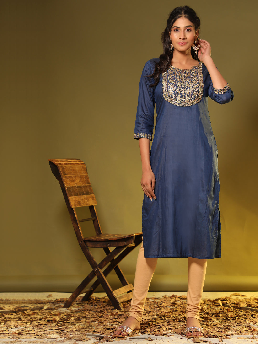 Blue Embroidered Straight Chanderi Kurta