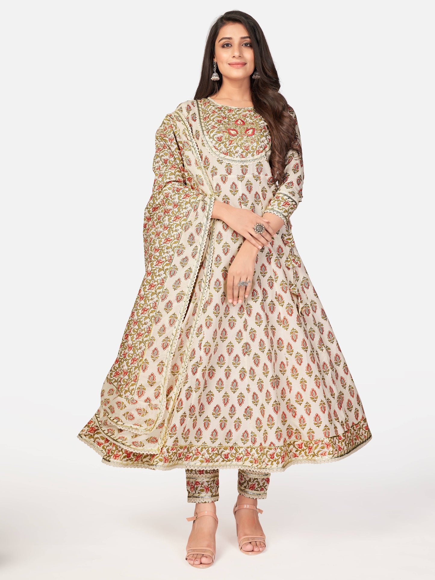 Beige Printed Anarkali Cotton Kurta Set