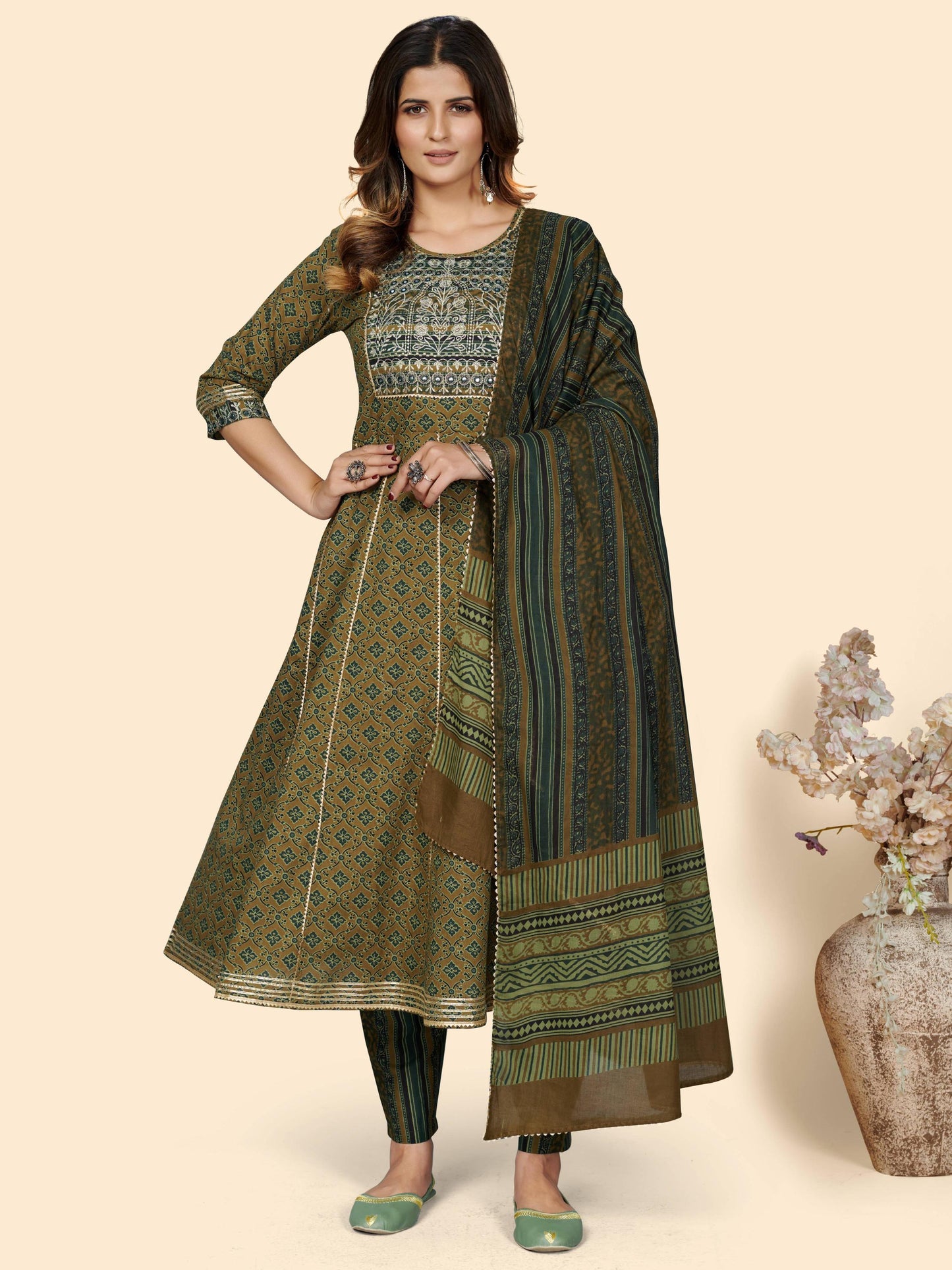 Mahendi Green Embroidered Anarkali Cotton Kurta Set