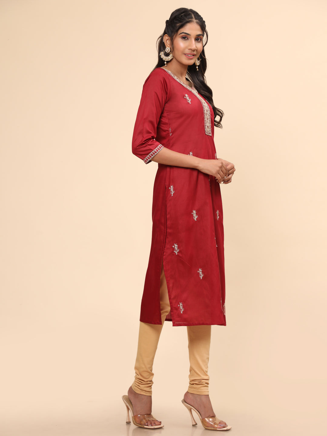Maroon Embroidered Straight Chanderi Kurta