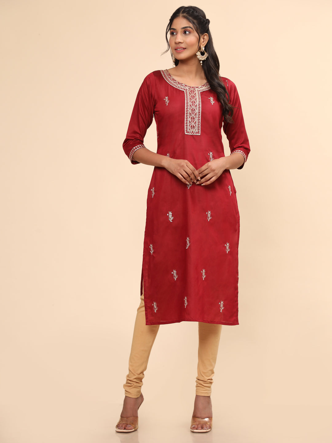 Maroon Embroidered Straight Chanderi Kurta