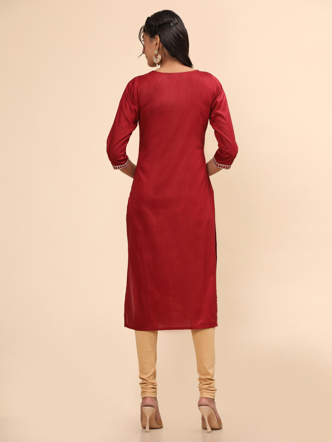 Maroon Embroidered Straight Chanderi Kurta