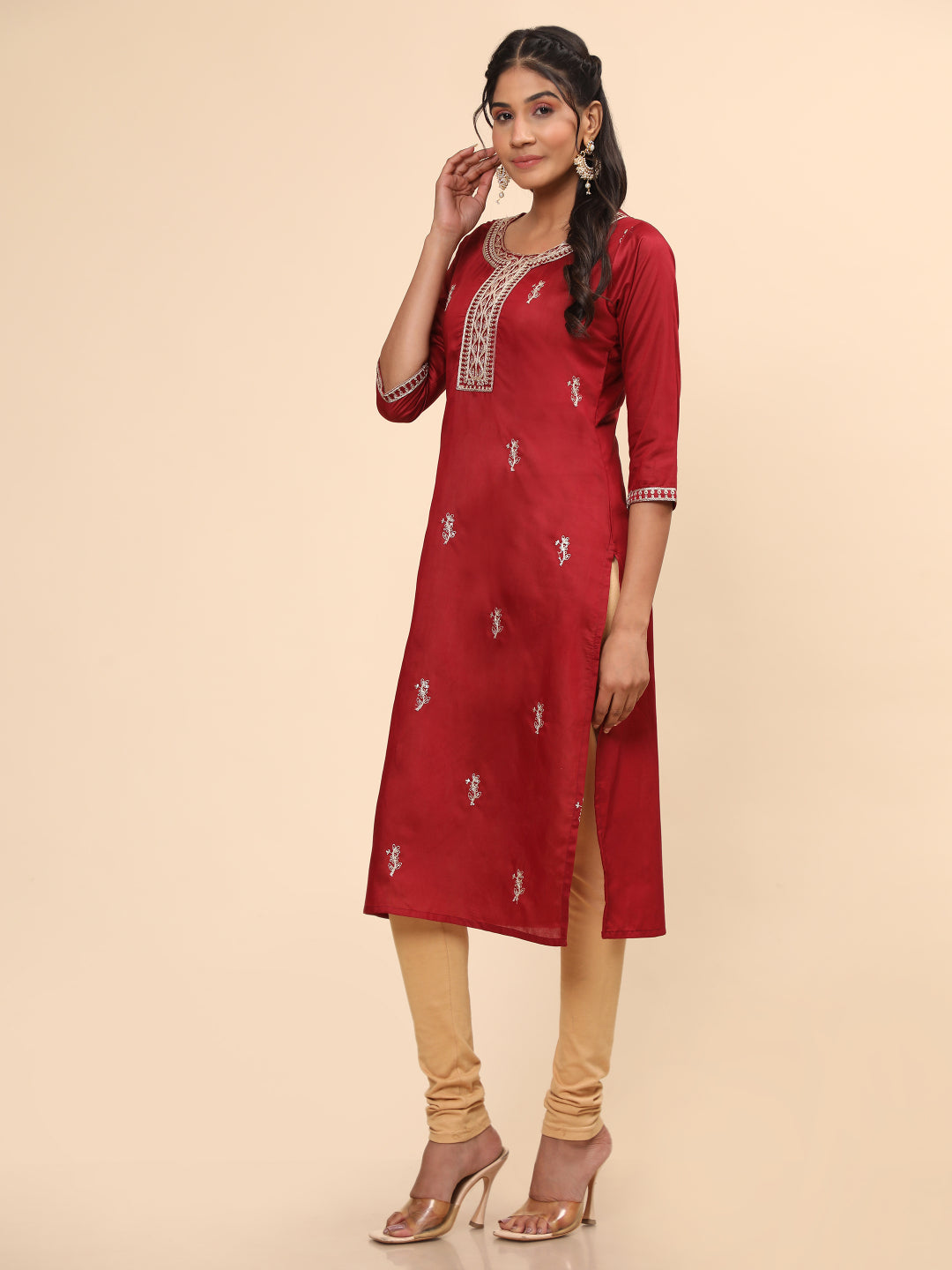 Maroon Embroidered Straight Chanderi Kurta