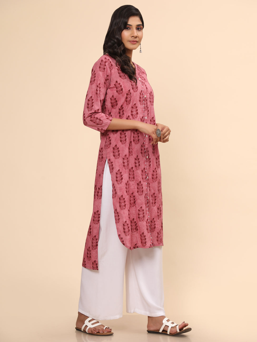Pink Printed Asymmetric Cotton Kurta