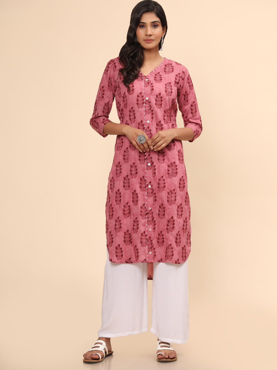 Pink Printed Asymmetric Cotton Kurta