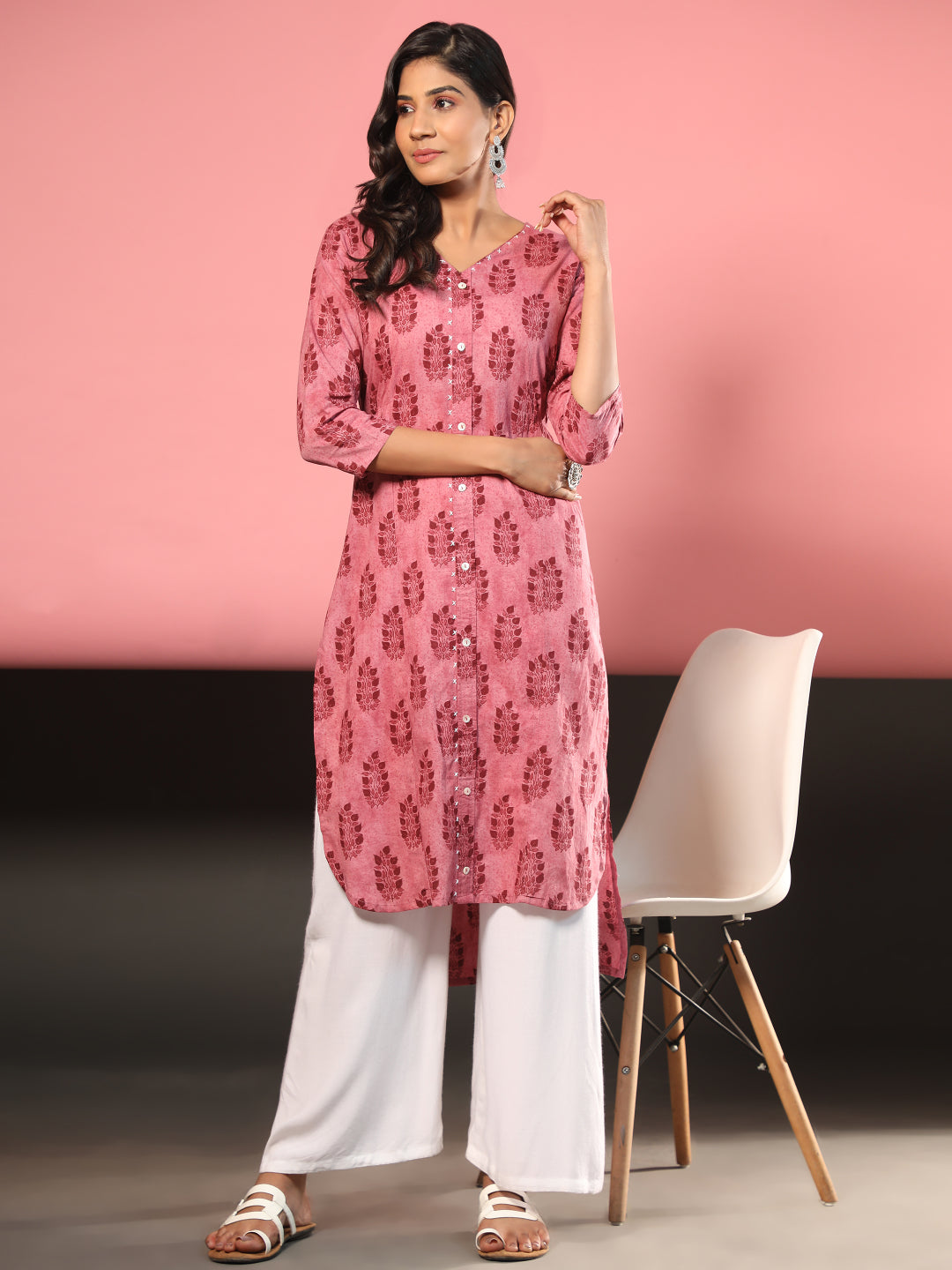 Pink Printed Asymmetric Cotton Kurta