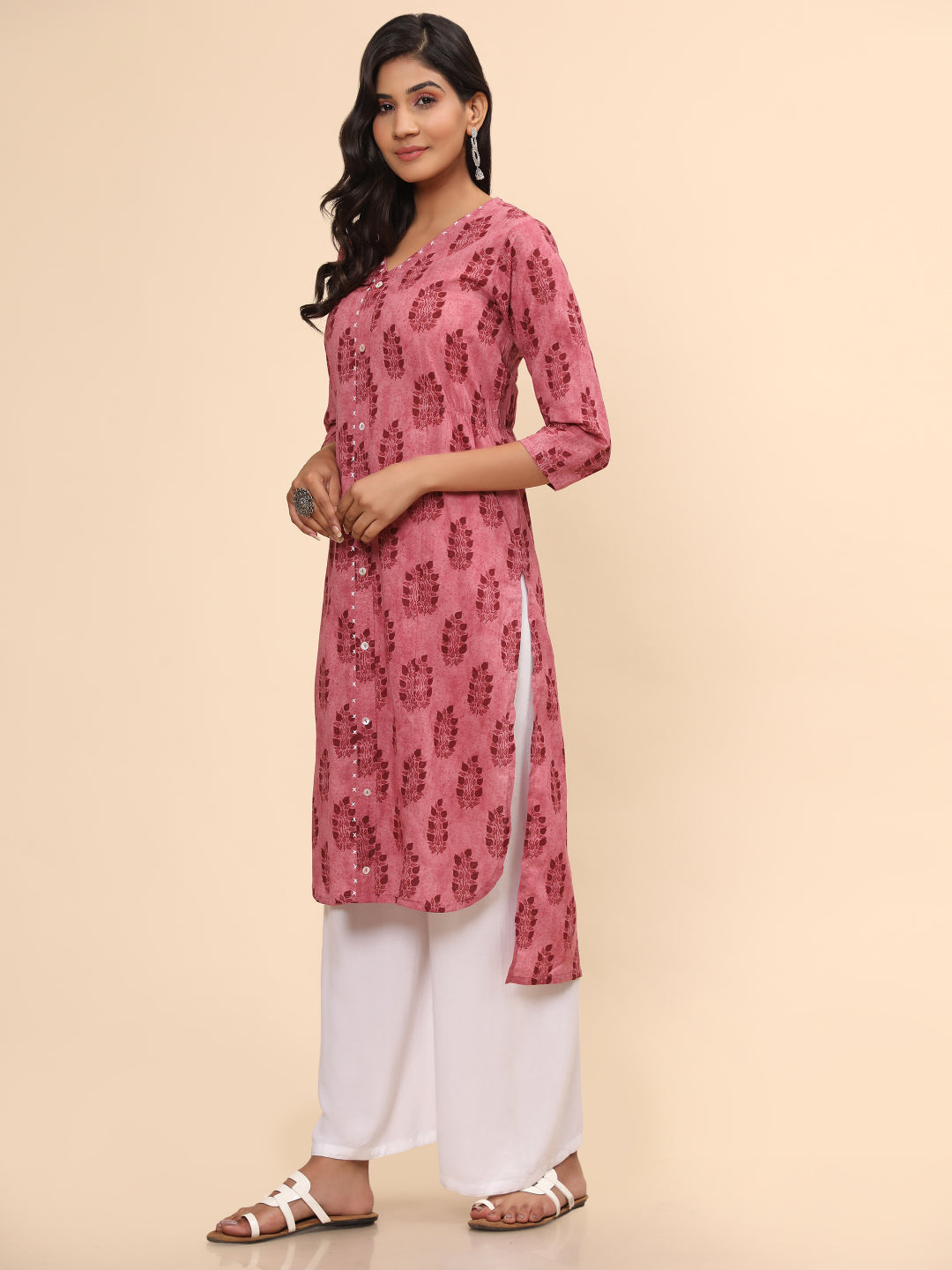 Pink Printed Asymmetric Cotton Kurta