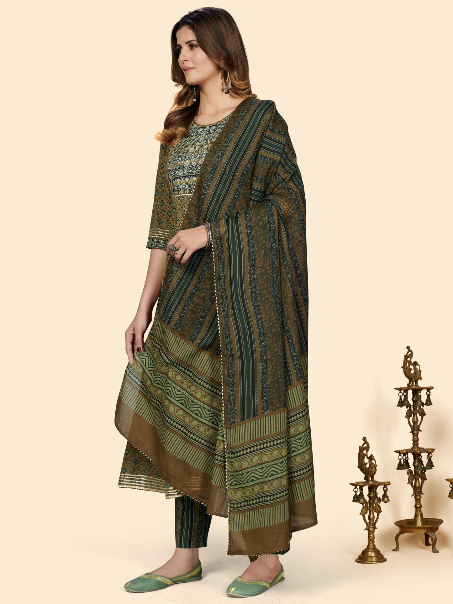 Mahendi Green Embroidered Anarkali Cotton Kurta Set