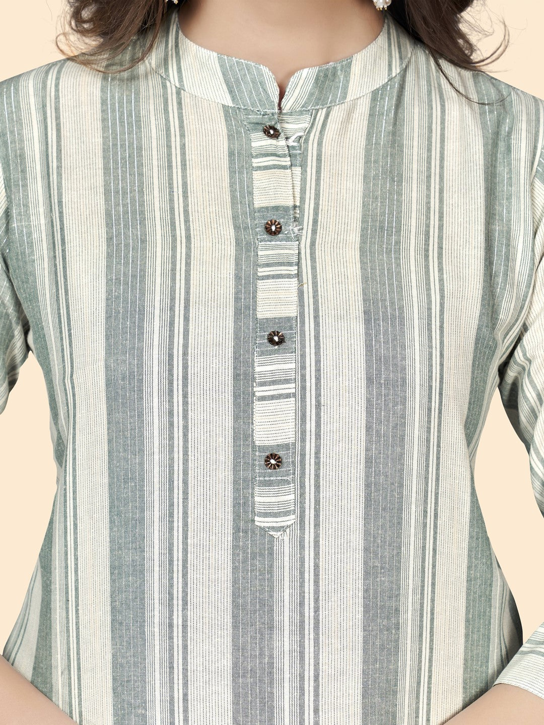Pista Striped Print Straight Cotton Blend Kurta