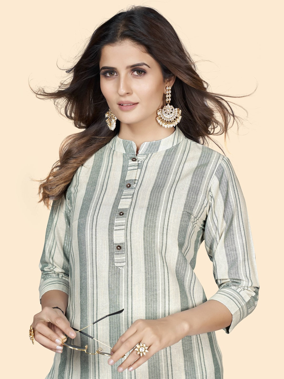 Pista Striped Print Straight Cotton Blend Kurta