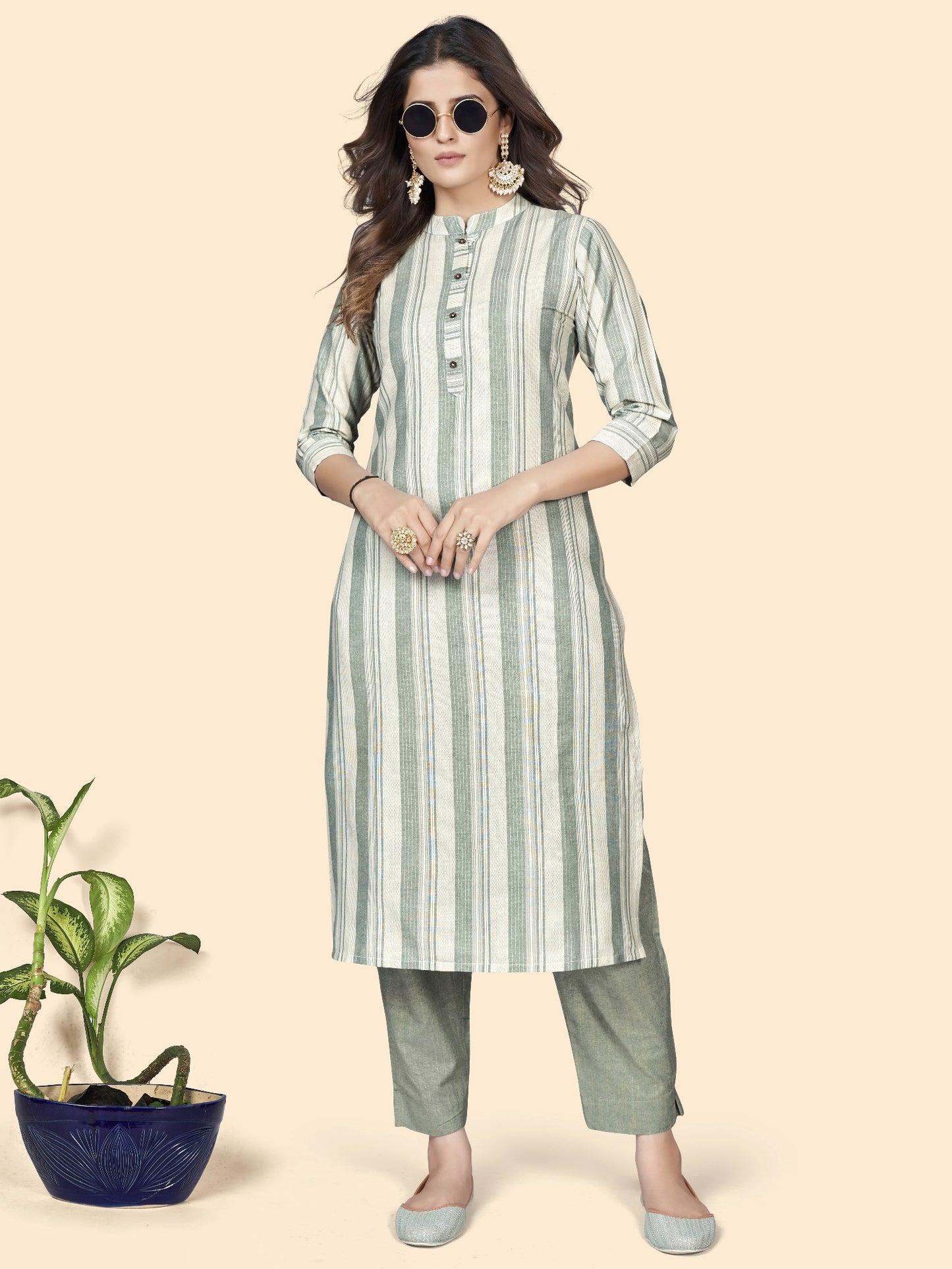 Pista Straight Cotton Blend Kurta With Pant
