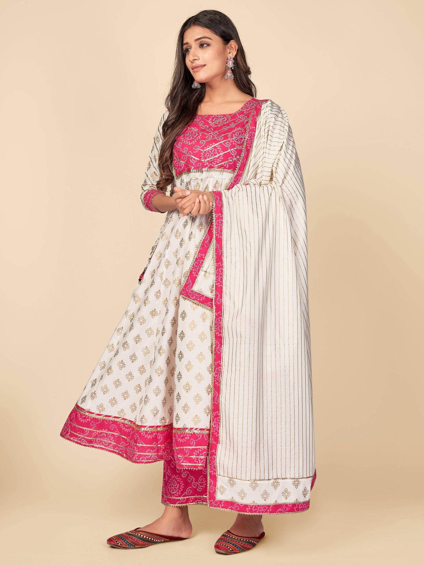 Beige Bandhani Anarkali Cotton Kurta Set