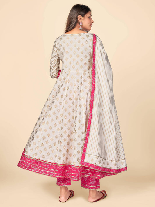 Beige Bandhani Anarkali Cotton Kurta Set
