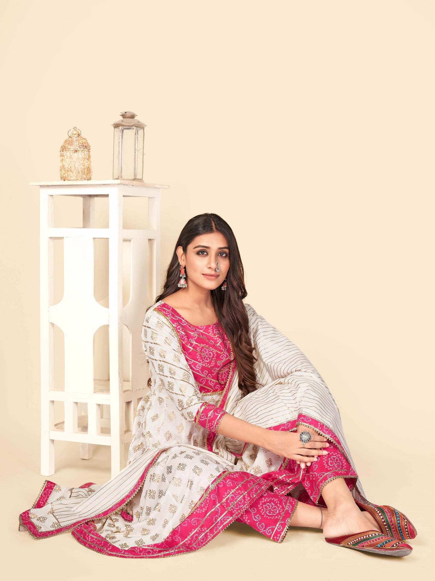 Beige Bandhani Anarkali Cotton Kurta Set
