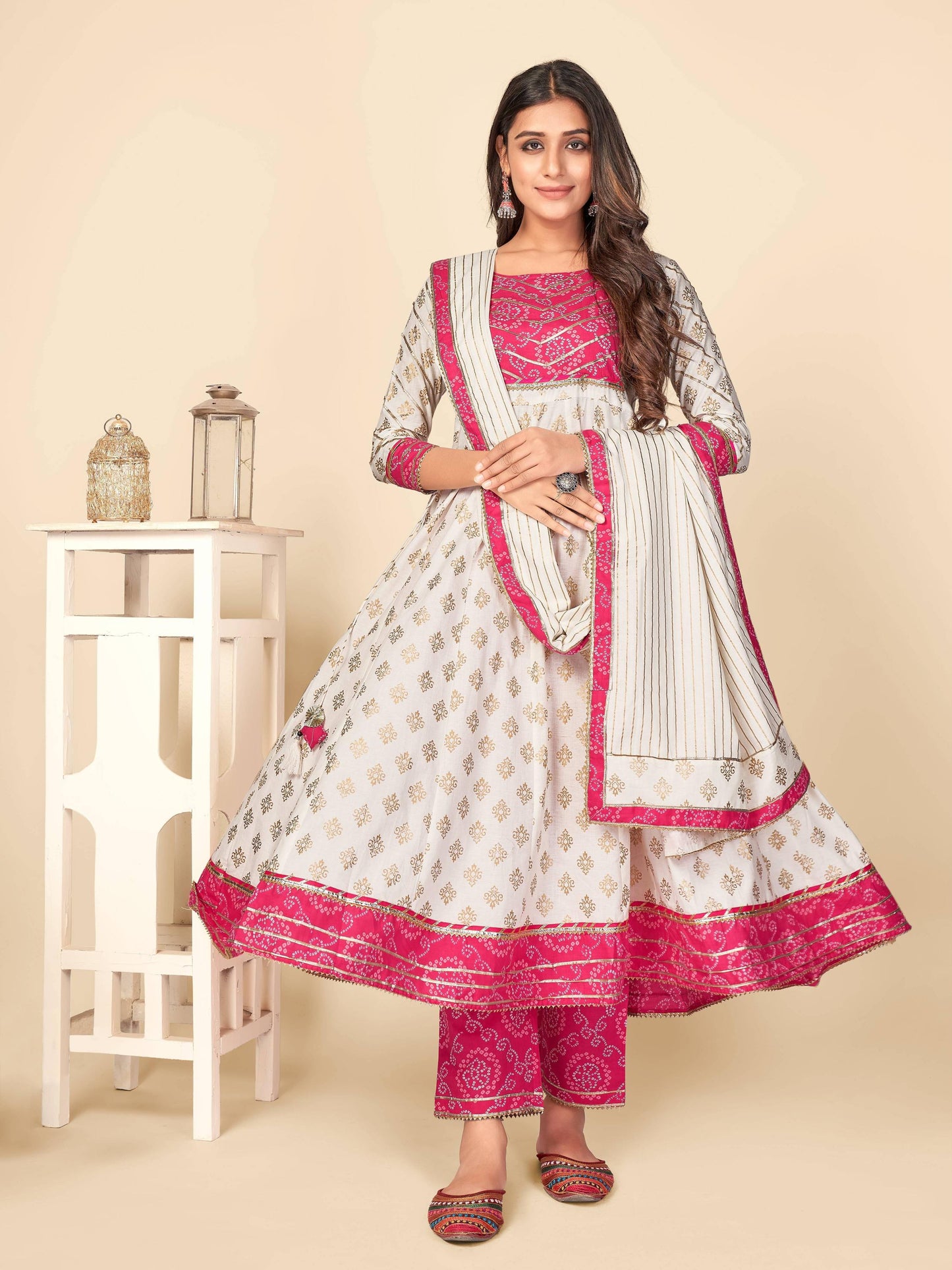 Beige Bandhani Anarkali Cotton Kurta Set