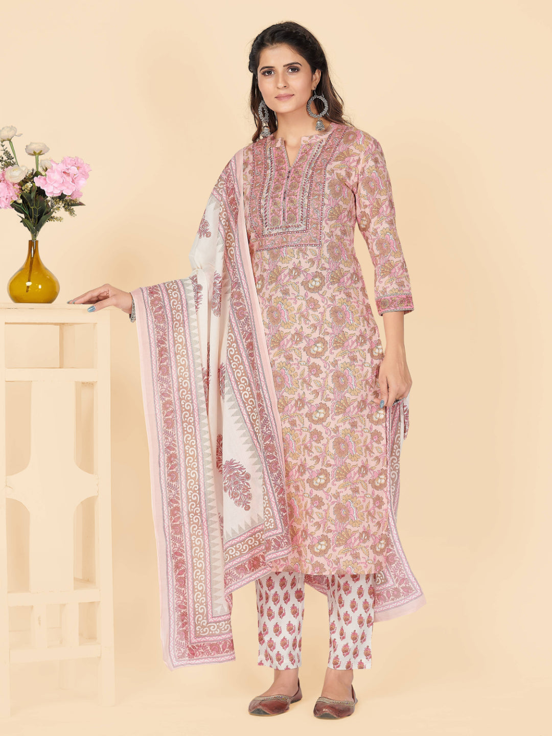 Peach Embroidered Straight Cotton Kurta Set