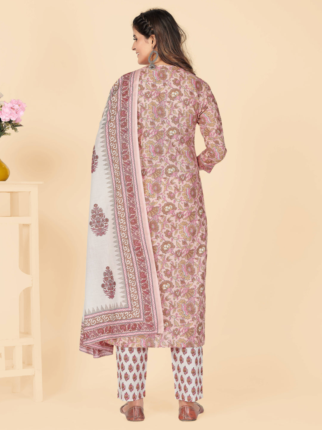 Peach Embroidered Straight Cotton Kurta Set