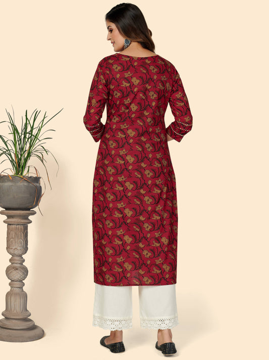 Red Embroidered Straight Cotton Kurta