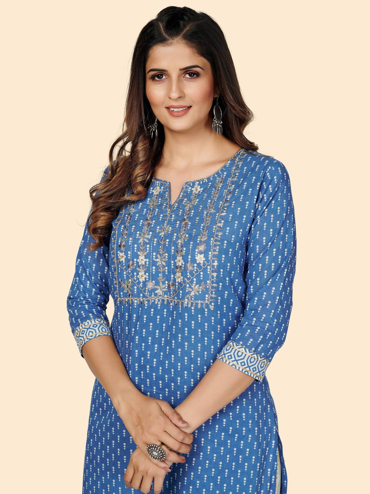 Blue Embroidered Straight Cotton Kurta