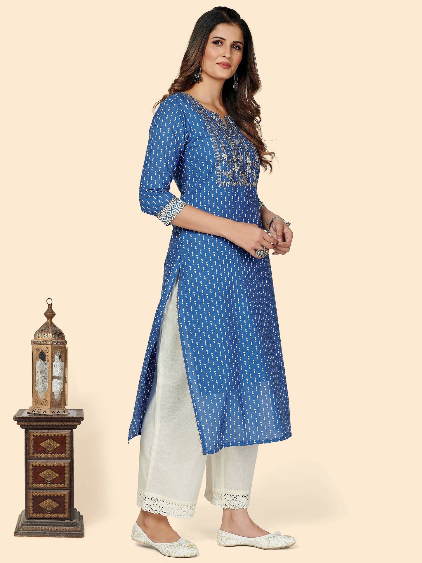 Blue Embroidered Straight Cotton Kurta