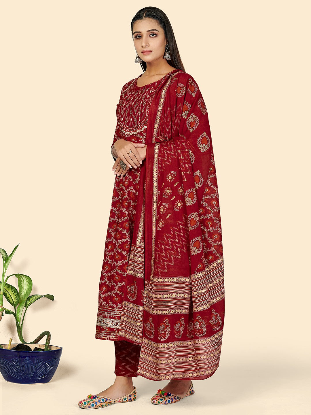 Red Embroidered Anarkali Cotton Kurta Set