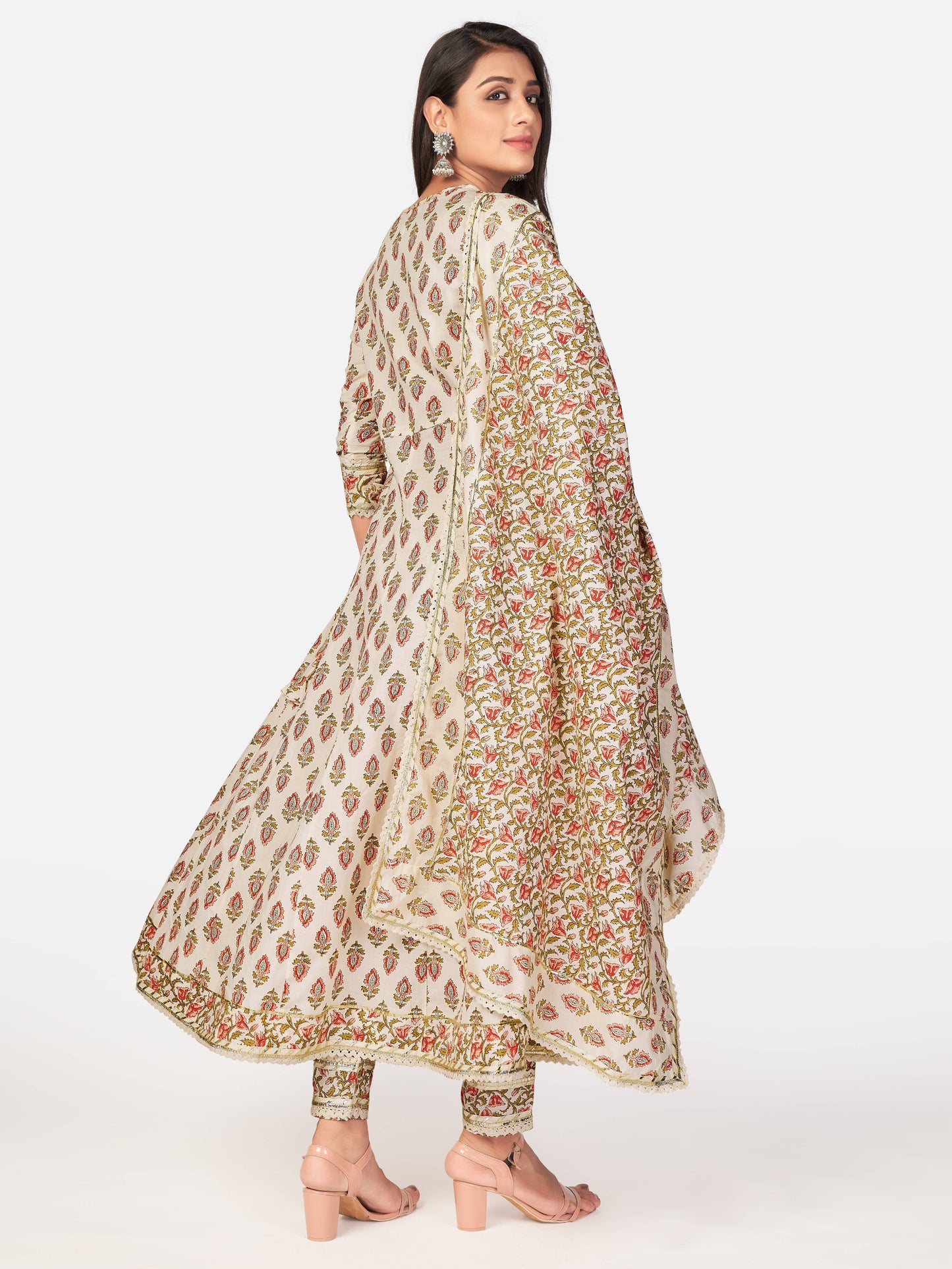 Beige Printed Anarkali Cotton Kurta Set
