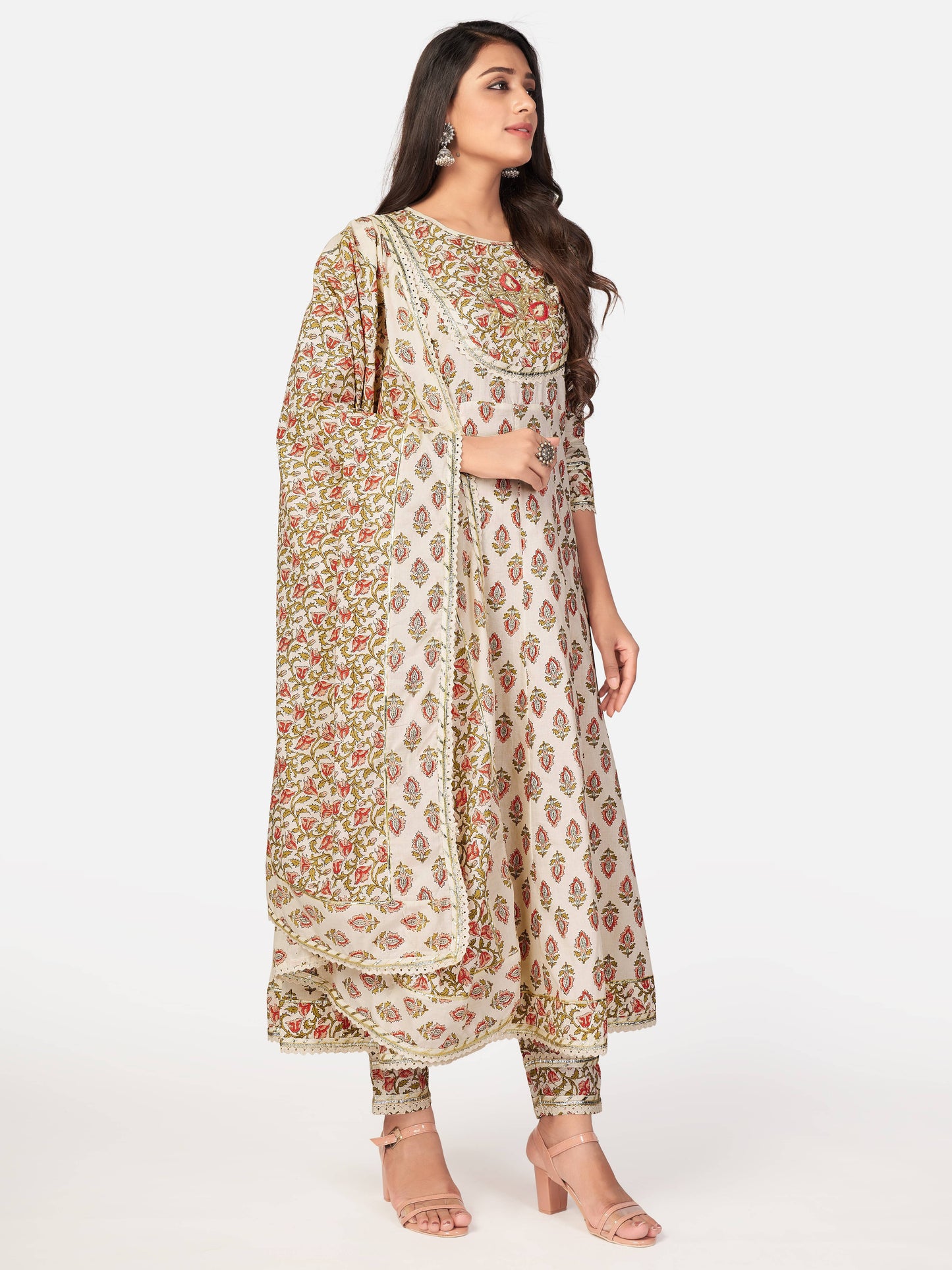 Beige Printed Anarkali Cotton Kurta Set