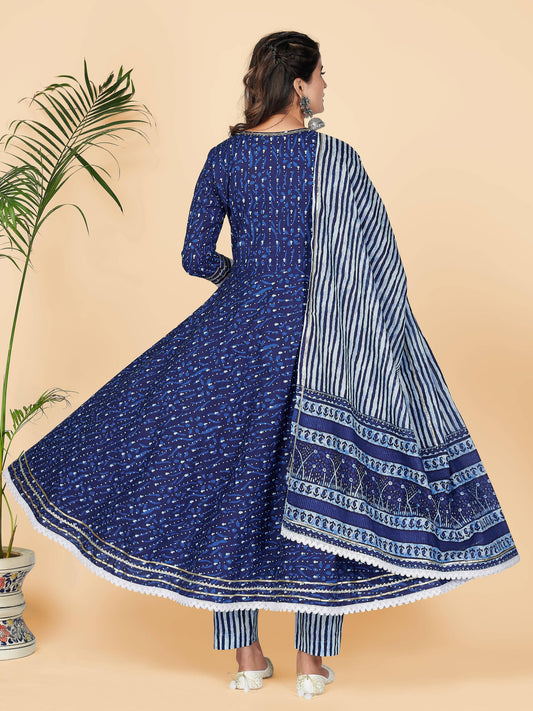 Blue Printed Anarkali Cotton Kurta Set