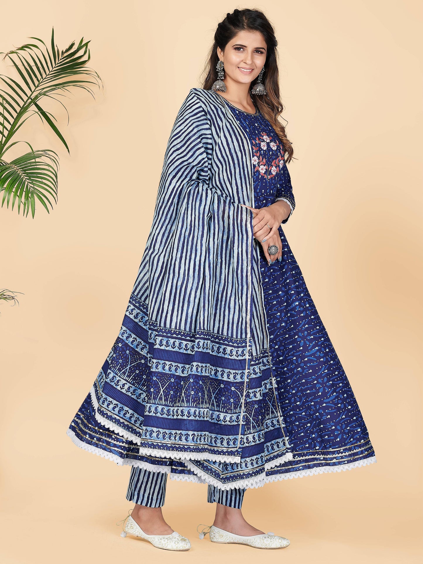 Blue Printed Anarkali Cotton Kurta Set