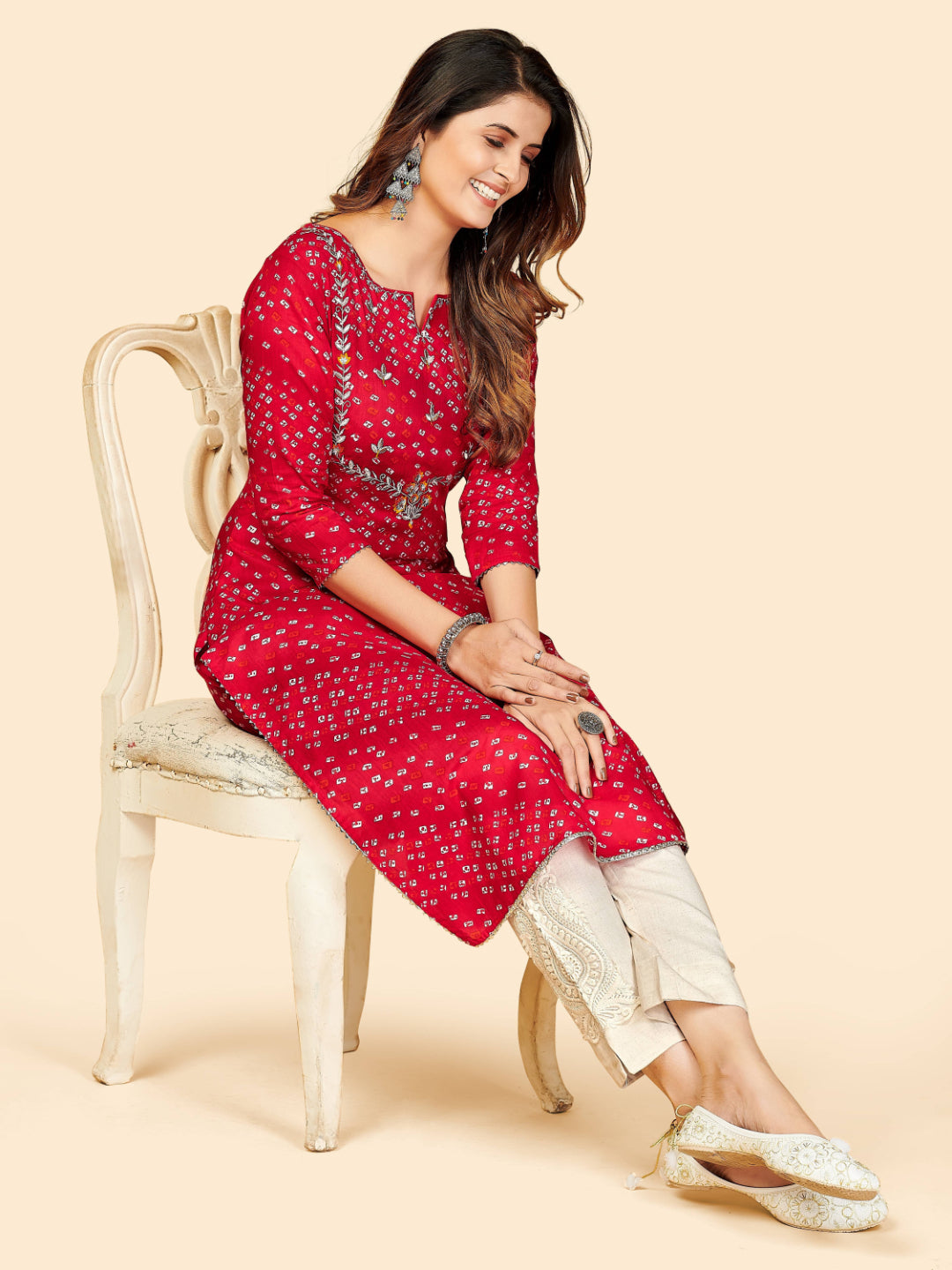 Red Bandhani Embroidered Straight Cotton Kurta