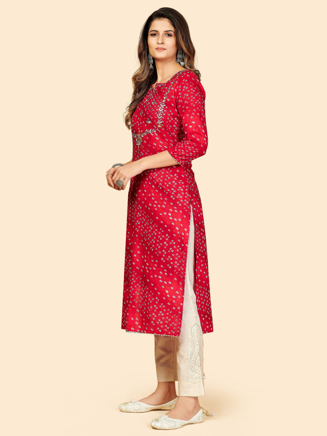 Red Bandhani Embroidered Straight Cotton Kurta