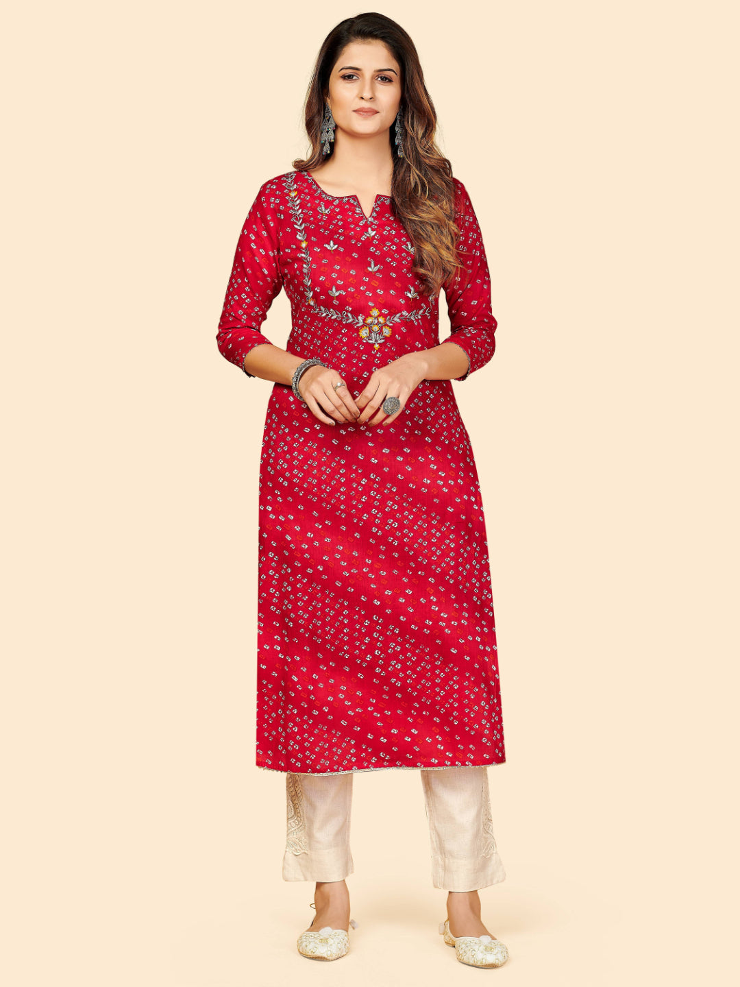 Red Bandhani Embroidered Straight Cotton Kurta