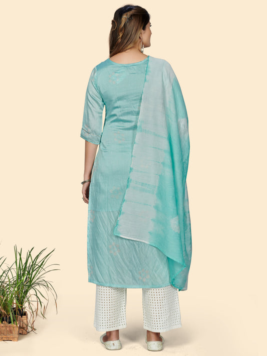 Turquoise Straight Chanderi Kurta With Dupatta