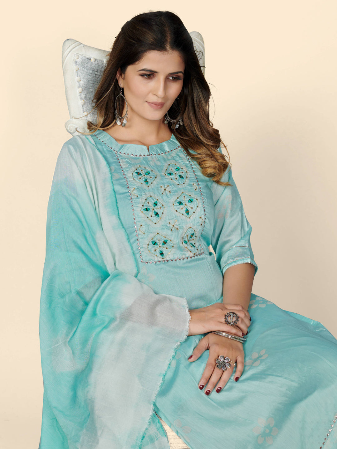 Turquoise Straight Chanderi Kurta With Dupatta
