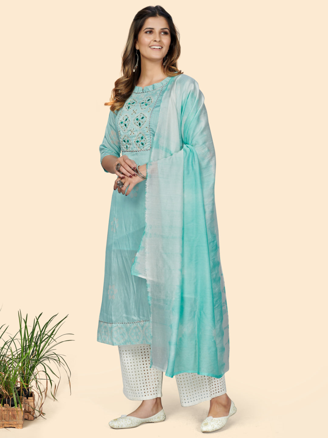 Turquoise Straight Chanderi Kurta With Dupatta